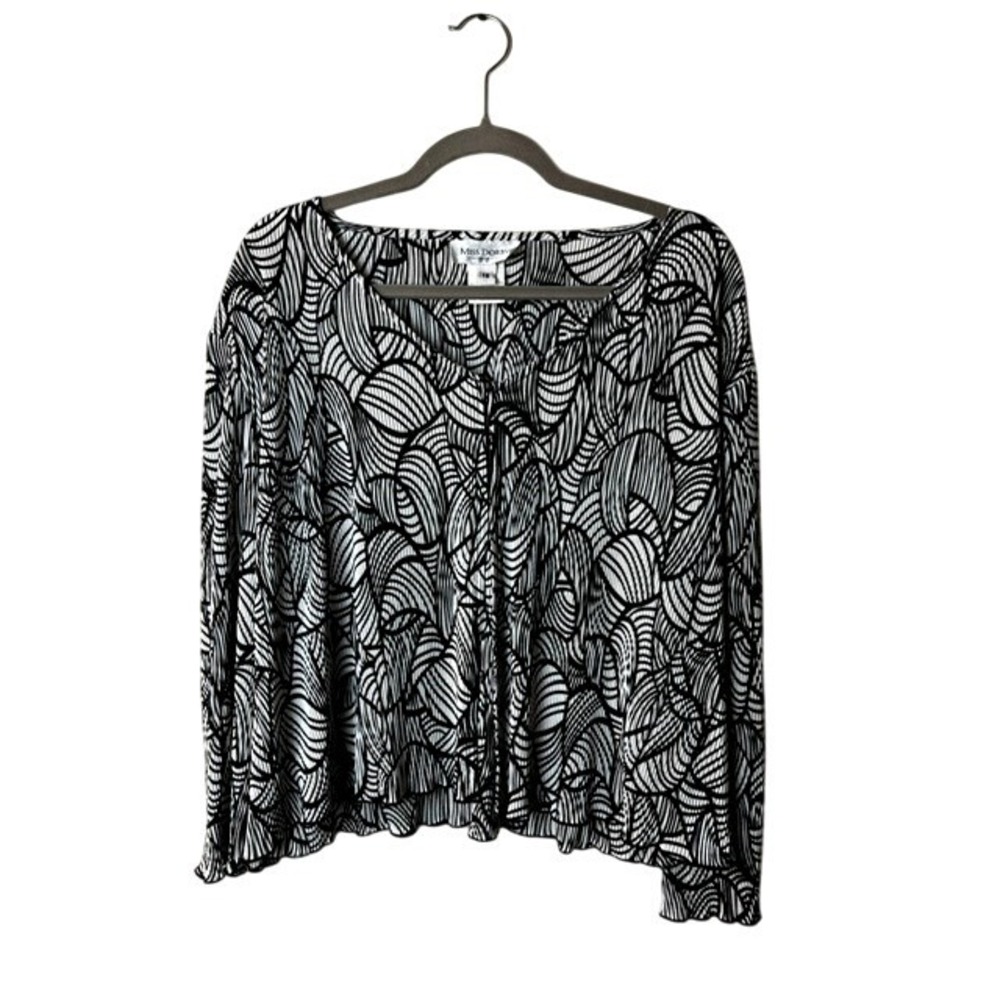 Miss Dorby 16 Black White Abstract Plisse Pleated V Neck‎ Blouse Artsy Office